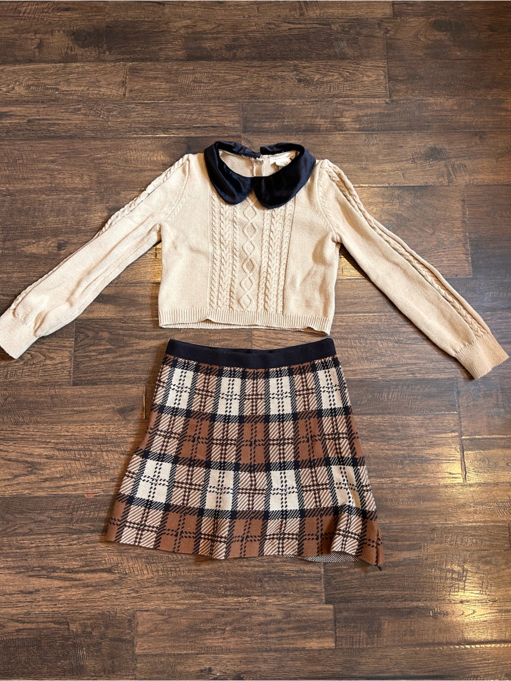 Plaid Brown & Cream Knit Set - Crop Sweater and Cable Knit Top